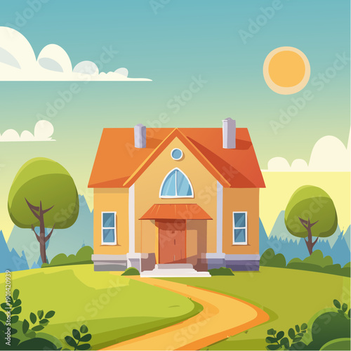 A vibrant illustration of a charming house nestled on a hill with a winding path leading to it, a bright sun shines in the sky