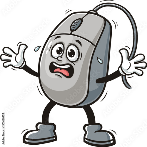 Cartoon computer mouse mascot is panicking and scared