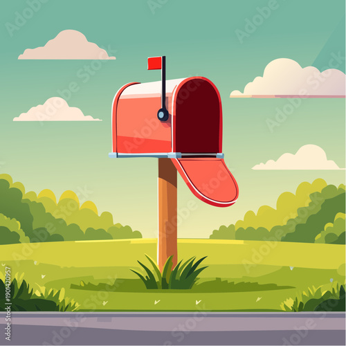 Red mailbox in a scenic outdoor setting, with open mail slot. A charming scene for mail delivery and communication