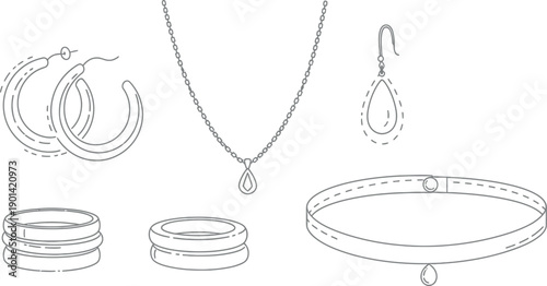 Outline drawing collection featuring various delicate jewelry pieces including hoop earrings a pendant necklace stacked rings and a stylish choker bracelet design element