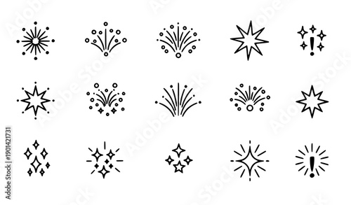Collection of simple black line art illustrations depicting various firework shapes