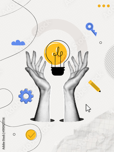 Trendy Halftone Collage Two Hands holds lightbulb. Creative mind, brainstorm or innovation. Create creative idea concept. Business solutions. Think outside box. Contemporary vector illustration art