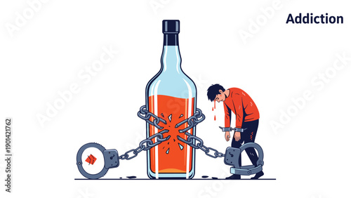 Man chained to a large bottle of alcohol, illustrating alcohol addiction, substance abuse, and the struggle for freedom from dependencies.