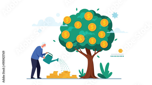 Elderly man watering a money tree with dollar coins, symbolizing retirement investment, financial growth, and long-term prosperity.