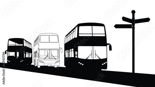 Silhouettes of double-decker buses and a multi-directional signpost, symbolizing public transportation, urban travel, and city navigation choices.