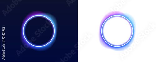 Electric neon circle with dynamic inner glow shines in blue and cyan tones. Smooth gradients create futuristic tech appearance. Suitable for UI elements and branding. PNG