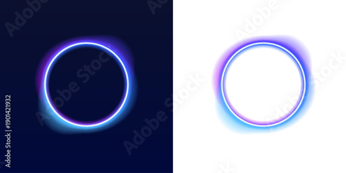 Bright neon circle frame shines with gradient blue and purple glow. Sharp geometric outlines enhance futuristic vibe. Great for gaming interfaces and digital artwork. PNG