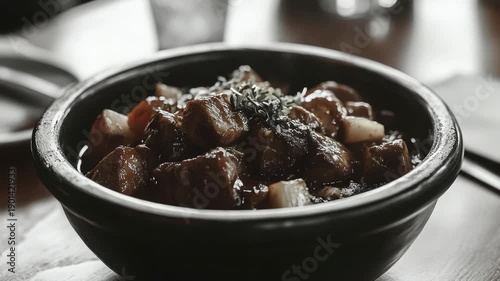 Wooden table with stew