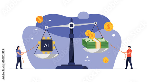 Artificial intelligence chip and a stack of money balanced on a weighing scale, representing the economic value and investment in AI technology.