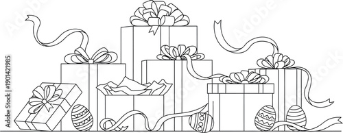 Assortment of white gift boxes tied with pastel ribbons and decorative patterned easter eggs signaling a festive spring holiday celebration arrangement