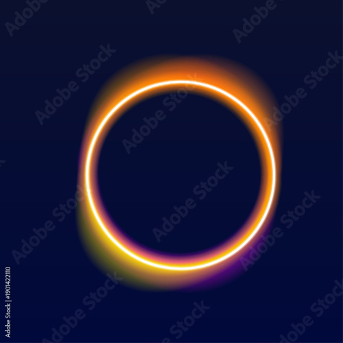 Electric neon circle frame glows with warm orange and red tones on dark background. Smooth curves create an elegant modern composition. Great for invitations and party flyers.