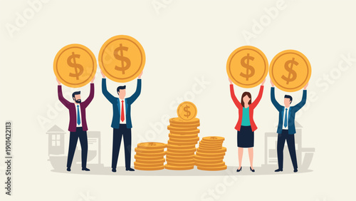 Group of diverse people holding up large dollar coins with stacks of coins nearby, symbolizing wealth accumulation, investment, and financial success.