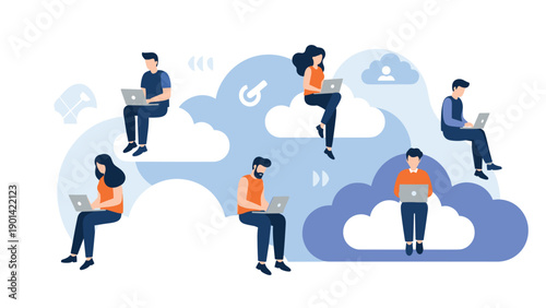 Group of individuals working on laptops while floating on clouds, symbolizing cloud computing, remote access, and digital collaboration.