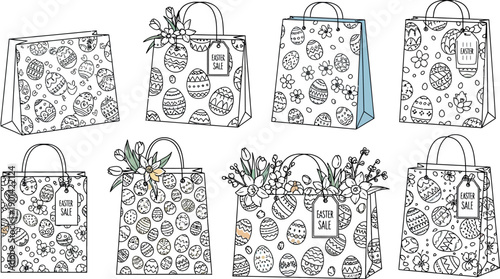 Collection of eight charming hand drawn easter shopping bags featuring decorated eggs flowers and sale tags perfect for spring holiday promotions