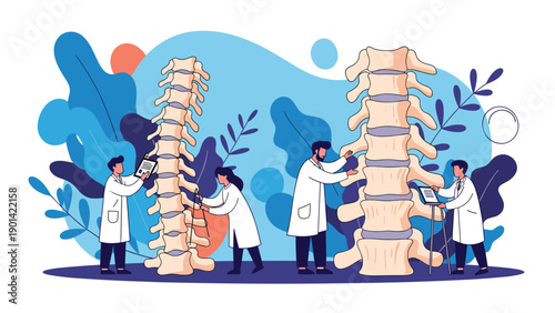 Group of doctors meticulously examining large human spines, symbolizing chiropractic care, spinal health, and anatomical study.