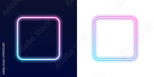 Glowing neon square frame shines with electric blue and hot pink gradients. Sharp radiant beams extend from each corner into darkness. Futuristic luminous border with space for text. PNG