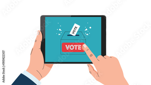 Hands holding a tablet and casting an online vote, symbolizing digital democracy, electronic voting, and civic participation in the modern age.