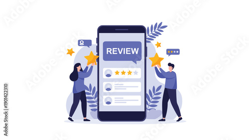 Two individuals giving star ratings and reviews to a mobile application on a large smartphone screen, symbolizing customer feedback and quality assessment.