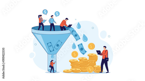 People guiding leads through a large funnel, converting them into money and stacked coins, illustrating sales funnel and lead conversion strategies.