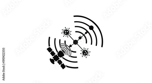 Molecular structure with Wi-Fi signals and connected particles in black and white modern scientific illustration