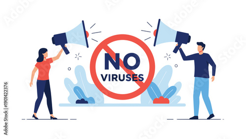 People holding megaphones around a large "No Viruses" sign, symbolizing public awareness campaigns, virus prevention, and community health.