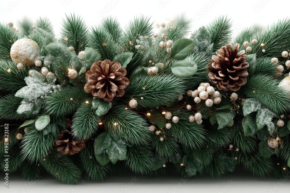 Fototapeta premium Festive Christmas garland with pine branches, berries, and warm fairy lights for holiday decor