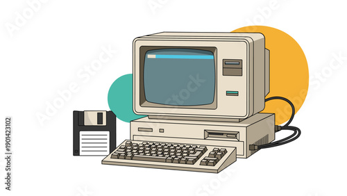 Old desktop computer with a floppy disk, representing retro technology, vintage computing, digital history, and obsolete tech nostalgia.