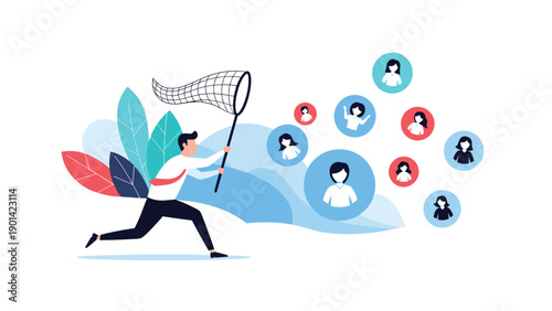 Man running with a net to catch floating user profile icons, illustrating lead generation, customer acquisition, talent sourcing, and recruitment strategies.