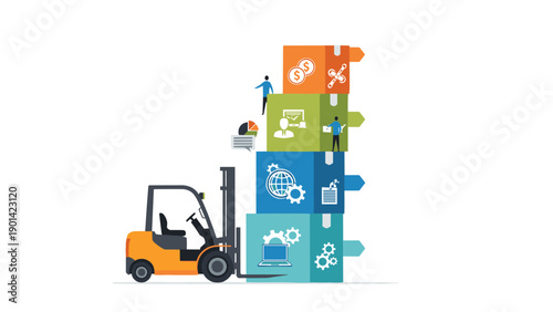 Forklift stacking boxes with business and logistics icons, with small people on top, illustrating efficient logistics, supply chain, and inventory management.