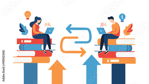 People on stacks of books with laptops, exchanging information via arrows, symbolizing online learning, knowledge sharing, and digital education.