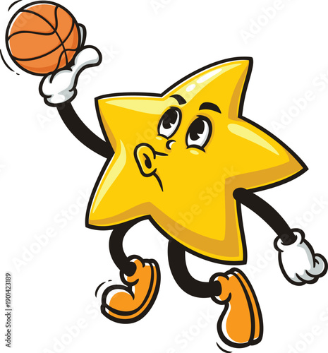Cartoon star mascot playing slam dunk basketball