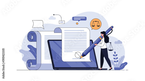 Woman signing a large document on a laptop screen with a giant pen, depicting online legal agreements, digital contracts, and e-signature convenience.