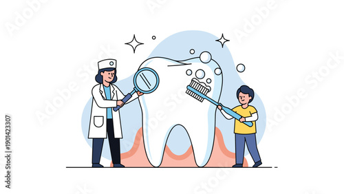 Dentist and a child brushing a giant tooth, with a magnifying glass, illustrating dental hygiene, oral care education, and pediatric dentistry services.
