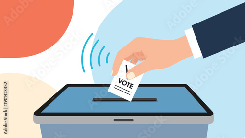 Hand casting a "VOTE" ballot into a digital ballot box (tablet) with a Wi-Fi signal, illustrating online voting, electronic elections, and digital democracy.
