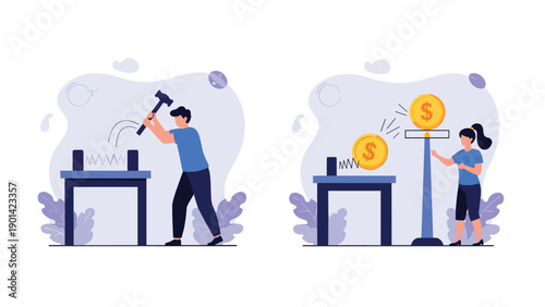 Two illustrations depicting a man hitting a spring and a woman affecting a dollar coin, symbolizing cause and effect, impact, and financial volatility.