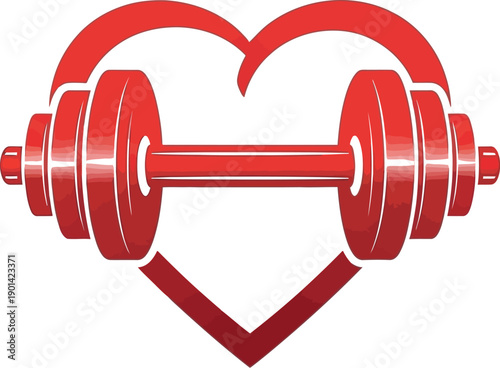Red dumbbell icon perfectly centered within a stylized heart shape symbolizing the strong connection between physical fitness and cardiovascular health for gym branding.