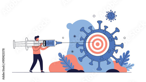 Man aiming a giant syringe at a coronavirus particle target, symbolizing vaccination efforts, the global fight against the virus, and medical treatment.
