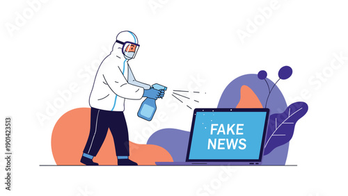 Person in a hazmat suit spraying a laptop displaying "FAKE NEWS", symbolizing the fight against misinformation and digital hygiene in challenging times.