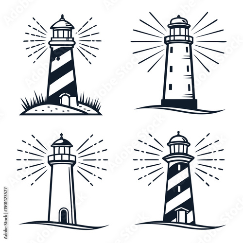 Four black and white lighthouses with rays of light emanating from their tops