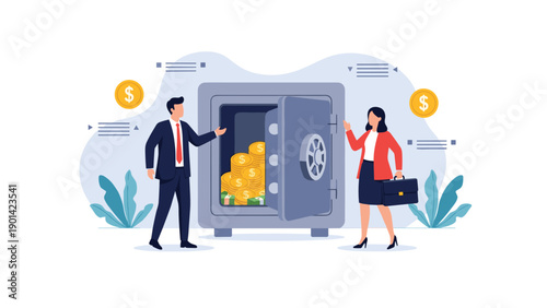 Businessman and businesswoman standing next to an open safe filled with gold coins and cash, symbolizing financial security, savings, and wealth management.