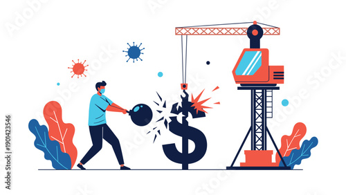 Man in a face mask hitting a large dollar sign with a wrecking ball next to a crane, symbolizing economic crisis, financial destruction, and pandemic impact.