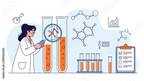 Female scientist examining test tubes with a magnifying glass, surrounded by chemical structures and lab equipment, illustrating chemical research and drug development.