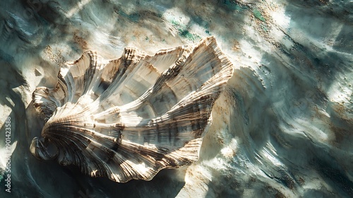 Aerial view of a seashell on a sandy beach with turquoise water.