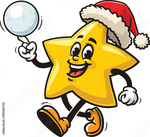 Cartoon star mascot playing snowballs and wearing a Christmas hat