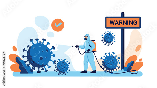 Person in a hazmat suit spraying large coronavirus particles next to a "WARNING" sign, symbolizing disinfection efforts, virus prevention, and public health safety.