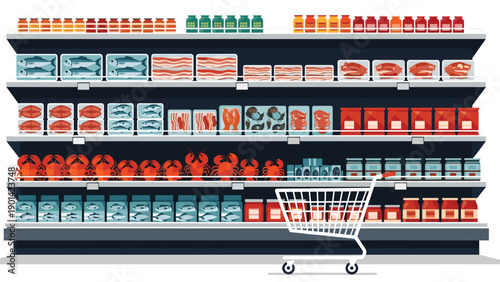 Supermarket shelves fully stocked with various food items and a shopping cart, representing grocery shopping, retail industry, and consumer goods.