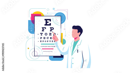 Eye doctor pointing at an eye chart, illustrating ophthalmology, eye care, vision testing, and optical health services.