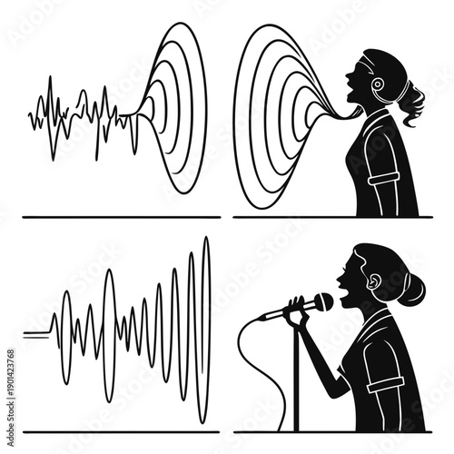 Illustration of sound waves and people singing into microphones