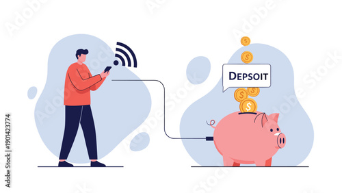 Man connected via Wi-Fi from his phone to a piggy bank receiving coins, illustrating mobile banking, online savings, digital finance, and remote deposit.