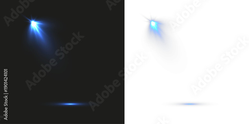 Light, spotlight with blue stage beams shining from above onto a dark transparent background, creating a dramatic concert and theatrical lighting effect.
